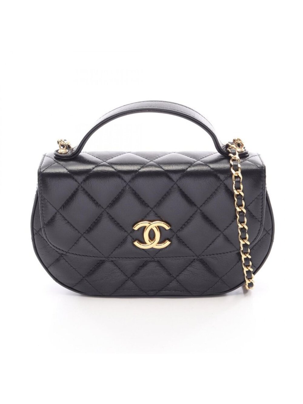Chanel Shoulder Bag Quilted 2-Way Black Lambskin Top Handle Chain